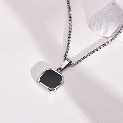 Black Square Necklace for Men, Stainless Steel Geometric Pendant, Casual Punk Boy Layer Cuban Box Figaro Chain Jewelry