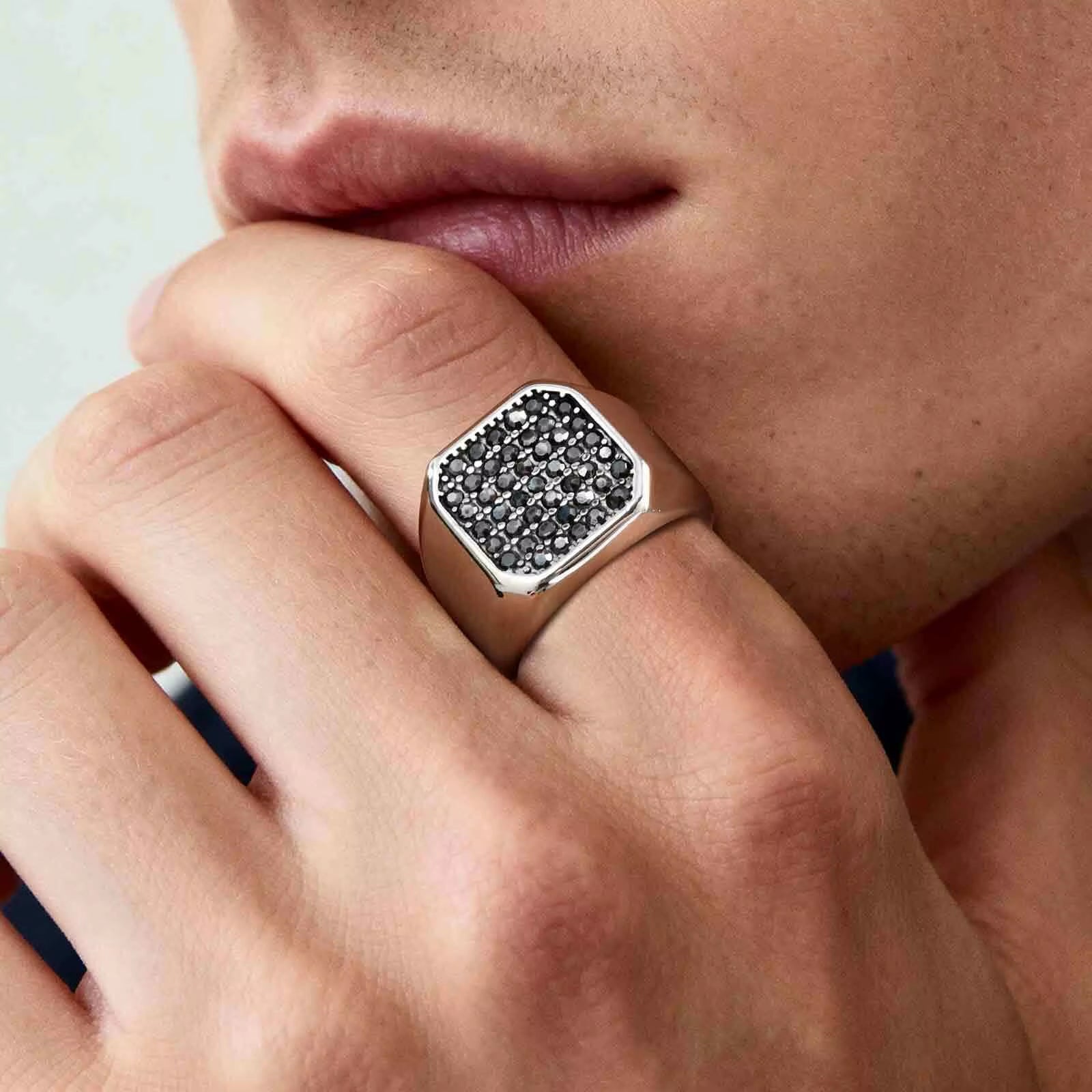 Men'S Stainless Steel Ring with Grey Zircon, Silver Color US Size 7-12 Signet Square Punk Rock Ring, Gift for Party Wedding