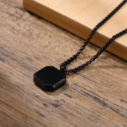 Black Square Necklace for Men, Stainless Steel Geometric Pendant, Casual Punk Boy Layer Cuban Box Figaro Chain Jewelry