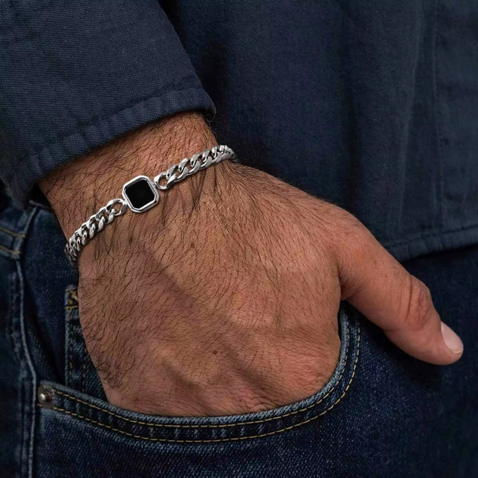 5Mm Width Adjustable Chain Bracelet for Men, Stainless Steel Acrylic Six-Sided Polished Jewelry Gifts for Husband Son‌ Him