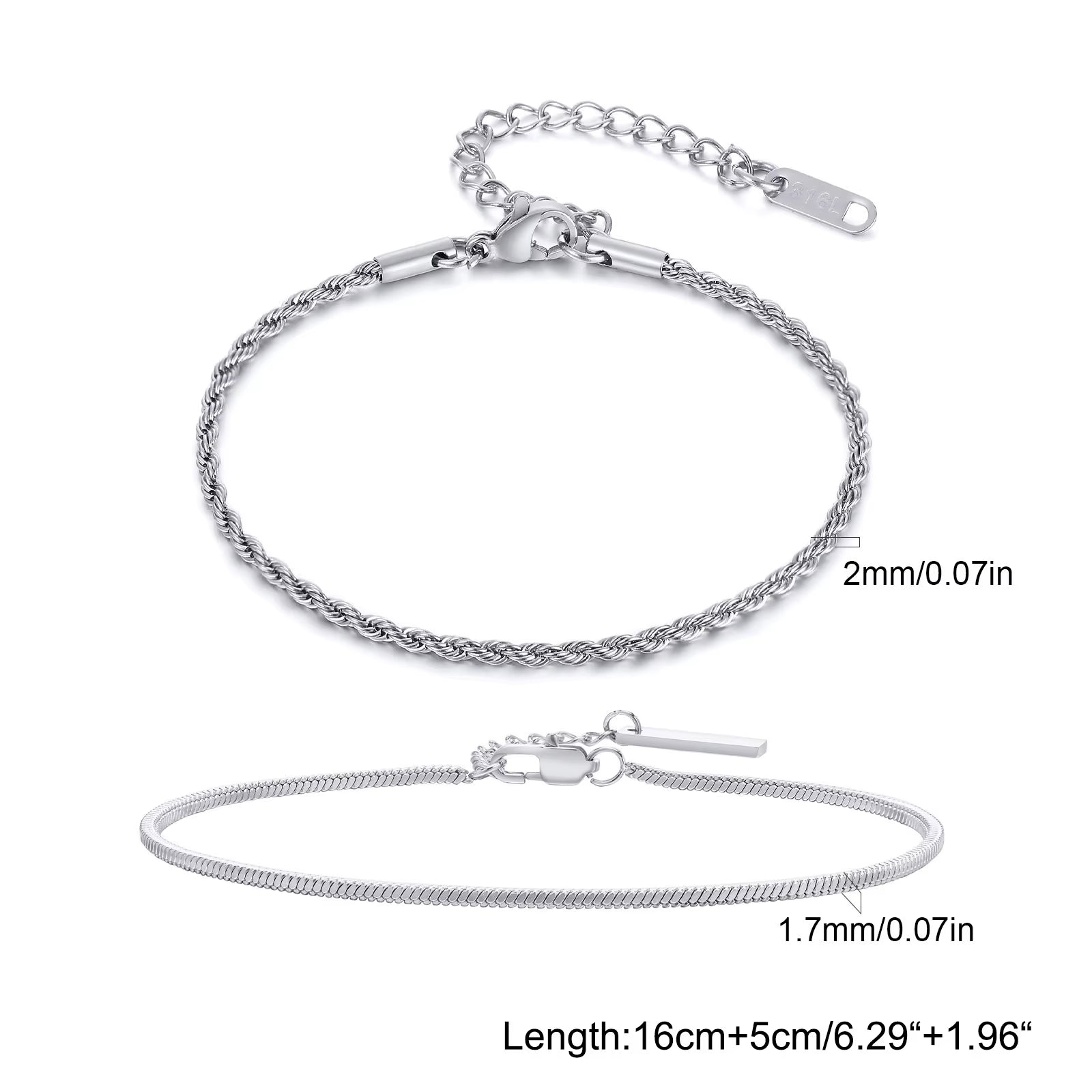 2Pcs/ Set Mens Chain Bracelets, 16Cm-21Cm Adjustable Twisted Rope Chain Bracelet, 21Cm-24Cm Steel Snake Links Bracelet