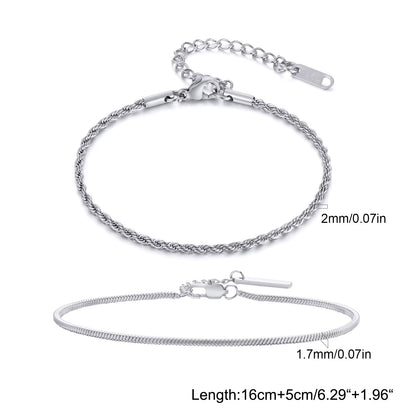 2Pcs/ Set Mens Chain Bracelets, 16Cm-21Cm Adjustable Twisted Rope Chain Bracelet, 21Cm-24Cm Steel Snake Links Bracelet
