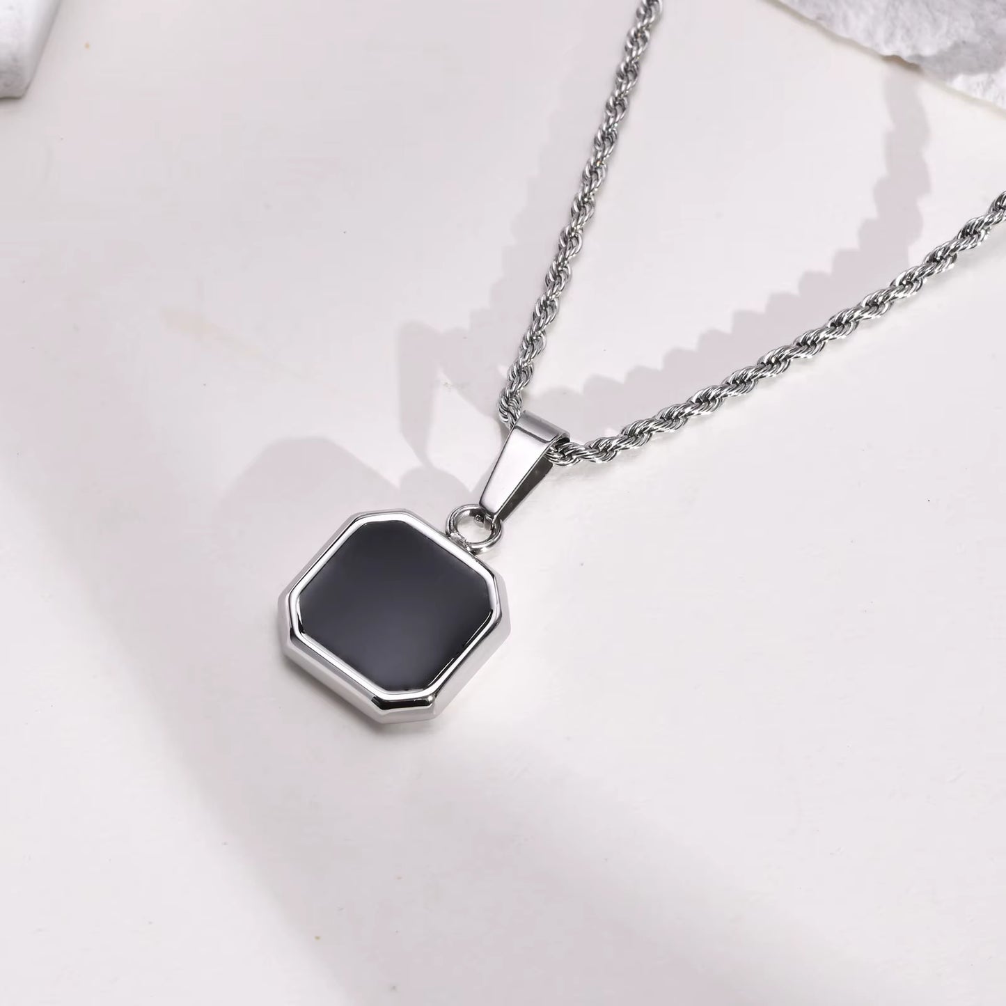 Black Square Necklace for Men, Stainless Steel Geometric Pendant, Casual Punk Boy Layer Cuban Box Figaro Chain Jewelry