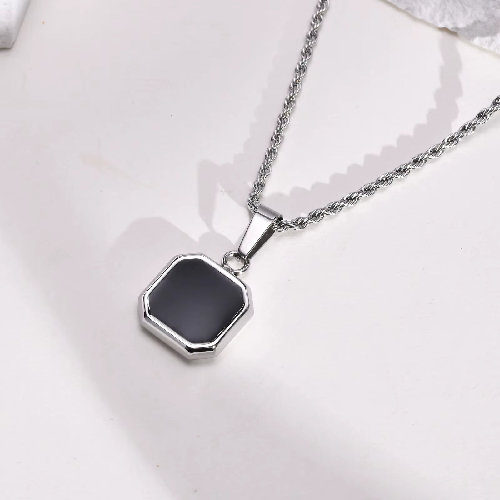 Black Square Necklace for Men, Stainless Steel Geometric Pendant, Casual Punk Boy Layer Cuban Box Figaro Chain Jewelry
