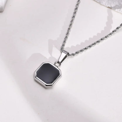 Black Square Necklace for Men, Stainless Steel Geometric Pendant, Casual Punk Boy Layer Cuban Box Figaro Chain Jewelry
