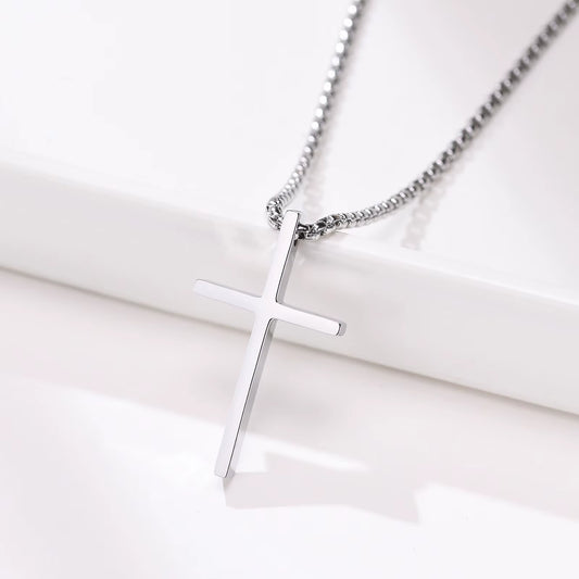 Mens Cross Necklaces, Stainless Steel Layered Plain Cross Pendant, Rope Box Chain Necklace, Simple Prayer Jesus Collar